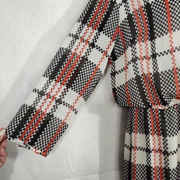 Honey Punch Sheer Blouson Dress Women Size M Cream Red Black Plaid Long Sleeve - Picture 3 of 10